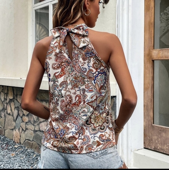 Boho Floral Paisley Print Halter Tank Top - Picture 3 of 9